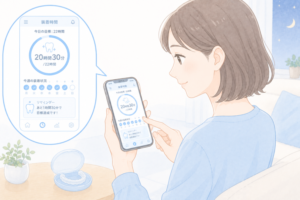 スマートフォンでTray Minderアプリを使ってマウスピース矯正の装着時間を管理している女性のイラスト