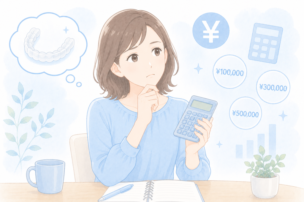 マウスピース矯正の費用を電卓で計算しながら考える女性のイラスト。背景にマウスピースや金額のアイコンが並び、費用を検討しているイメージ。