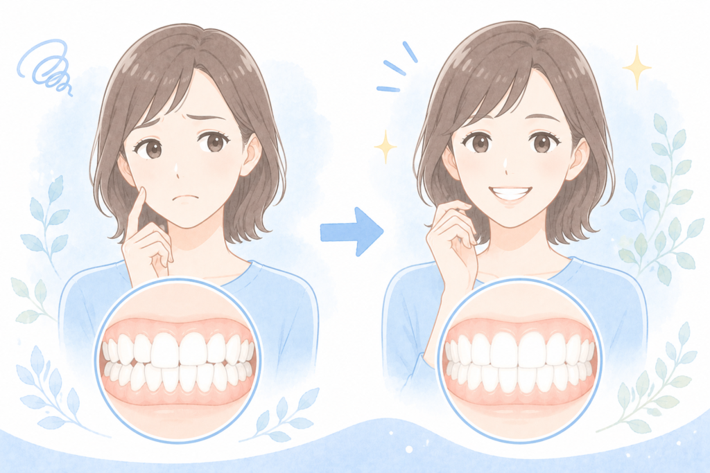 マウスピース矯正のビフォーアフターイメージイラスト。矯正前は悩み顔、矯正後は自信に満ちた笑顔で、歯並びの変化を表現しています。