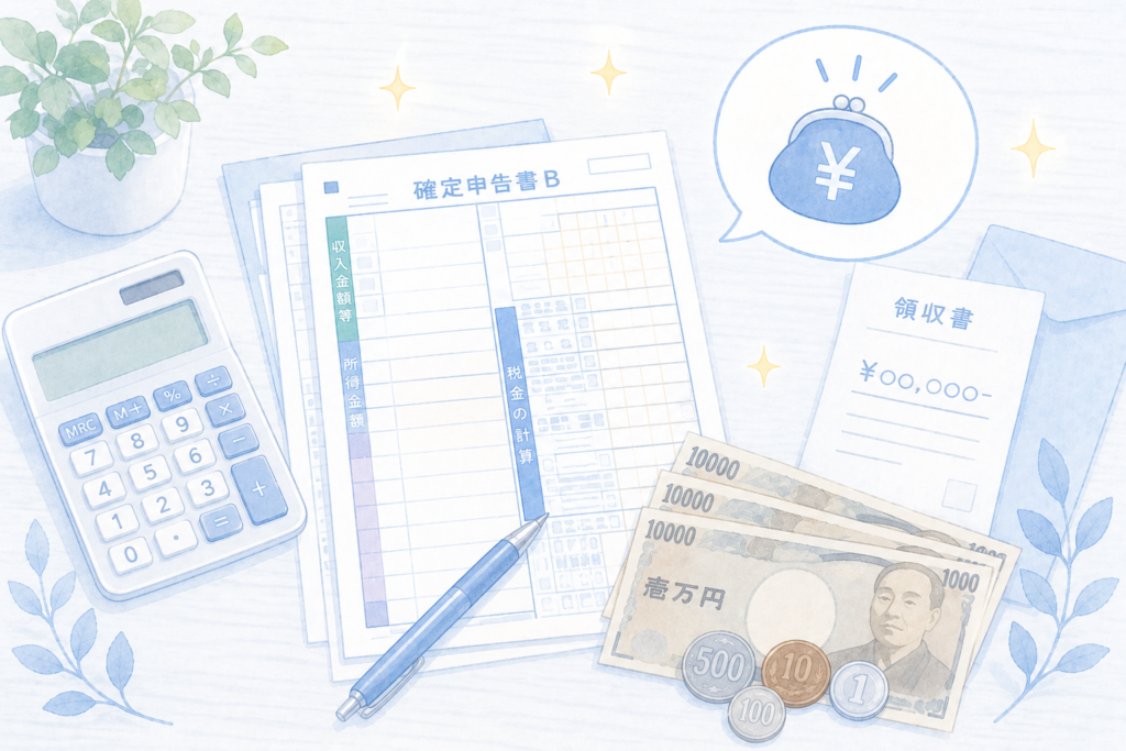医療費控除の確定申告をイメージしたイラスト。確定申告書・領収書・電卓・紙幣・硬貨が机の上に並び、お金が戻ってくるポジティブなイメージ。