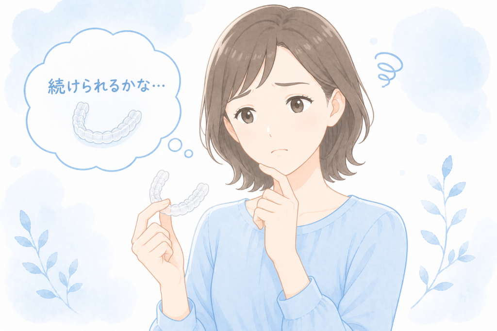 マウスピース矯正を続けられるか悩む女性のイラスト|「続けられるかな…」という思いを表現