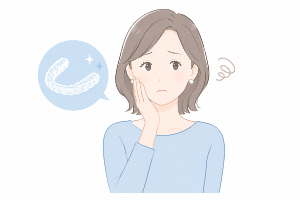 マウスピース矯正の痛みに悩む女性のイラスト|ほっぺに手を当てて困り顔