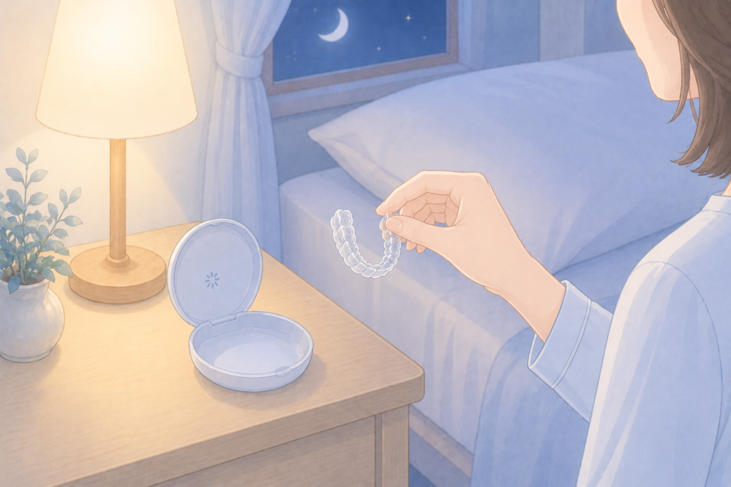 就寝前にリテーナーを装着する女性の手元イラスト