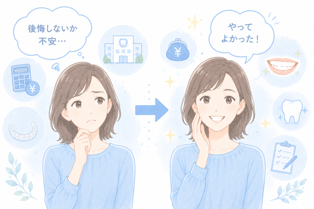 マウスピース矯正を不安に思う表情から「やってよかった！」という笑顔へ変わる女性のビフォーアフターイラスト。費用・クリニック・歯並びのアイコンが周囲に描かれています。