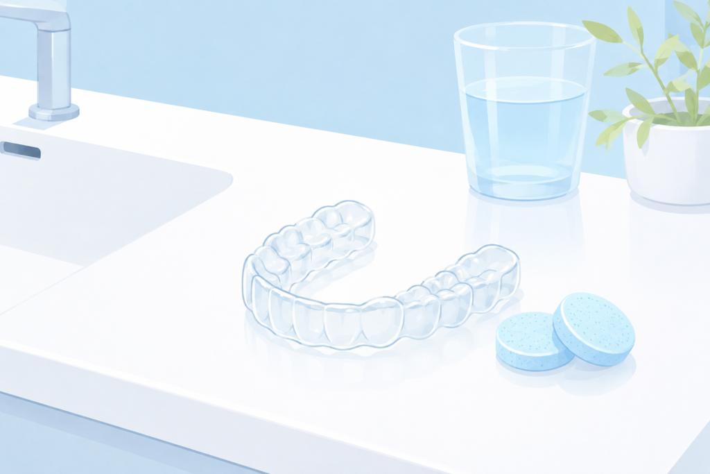 マウスピース矯正の洗浄剤と錠剤タイプの洗浄シーンイラスト