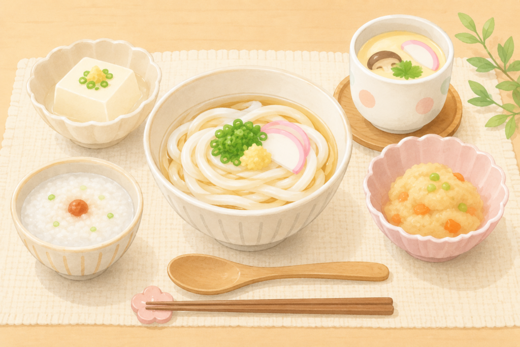 マウスピース矯正中におすすめの柔らかい食事イラスト｜うどん・茶碗蒸し・おかゆ・豆腐