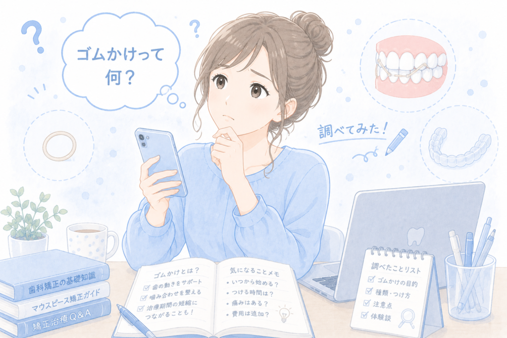 マウスピース矯正のゴムかけについてスマホで調べている女性のイラスト。「ゴムかけって何?」という吹き出しと、歯・ゴム・マウスピースのアイコン、調べたことをまとめたノートが周囲に描かれています。