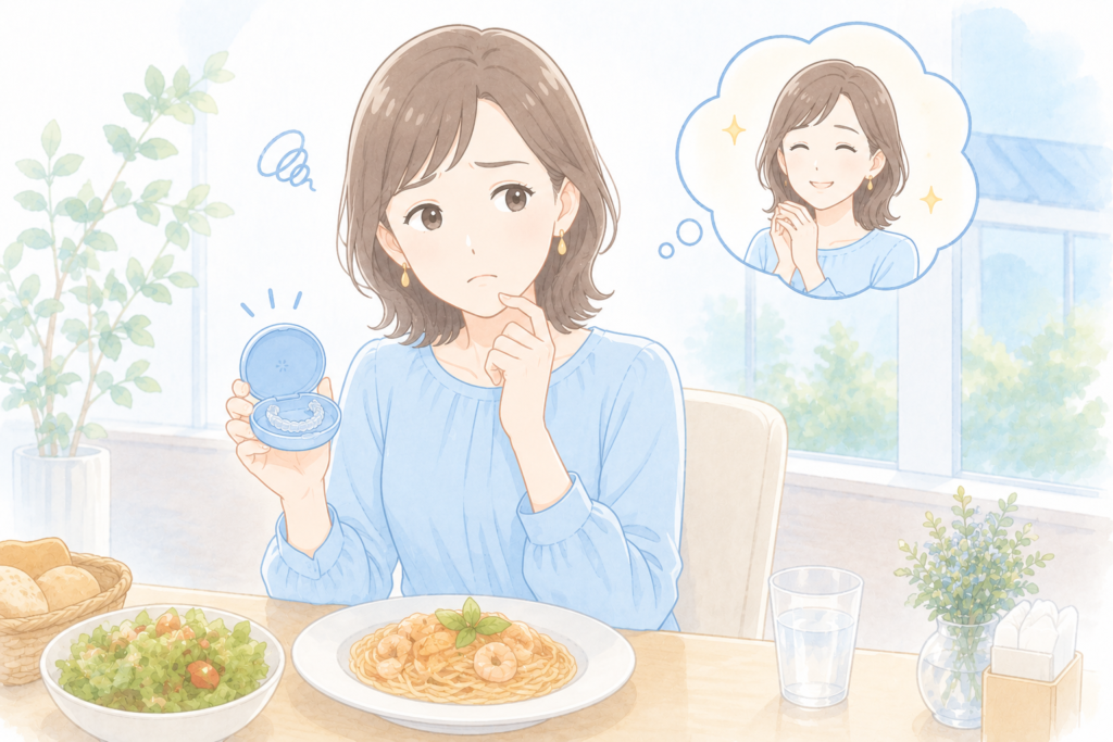 食事中にマウスピースケースを持ちながら悩む女性のイラスト|矯正後の笑顔を夢見てめんどくさいを乗り越えるイメージ