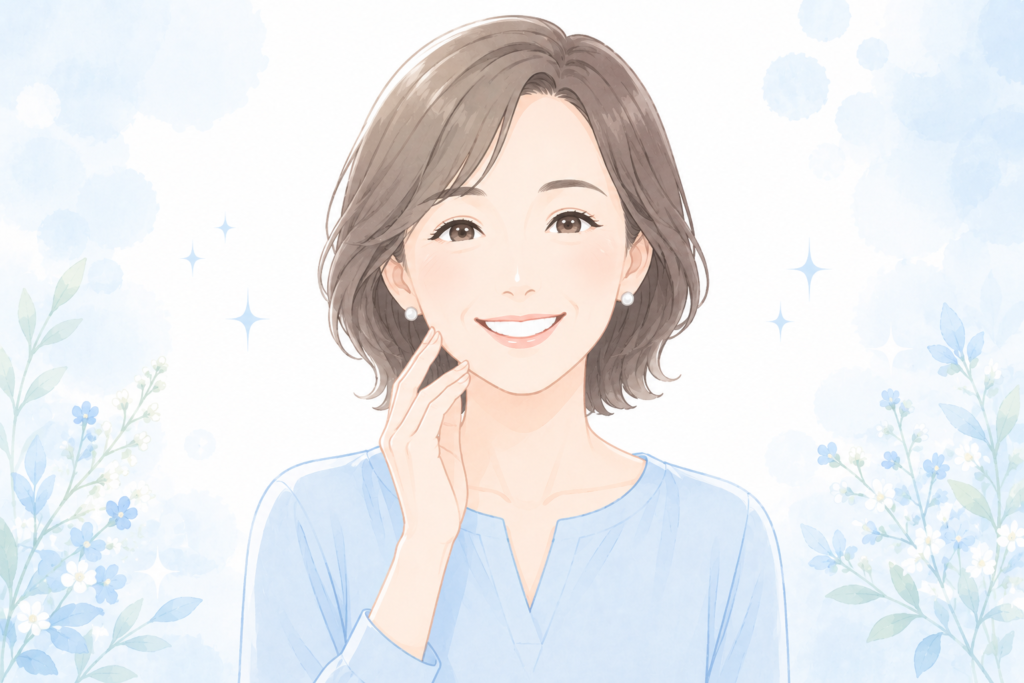 矯正後のきれいな歯並びを見せながら微笑んでいる40代女性のイラスト
