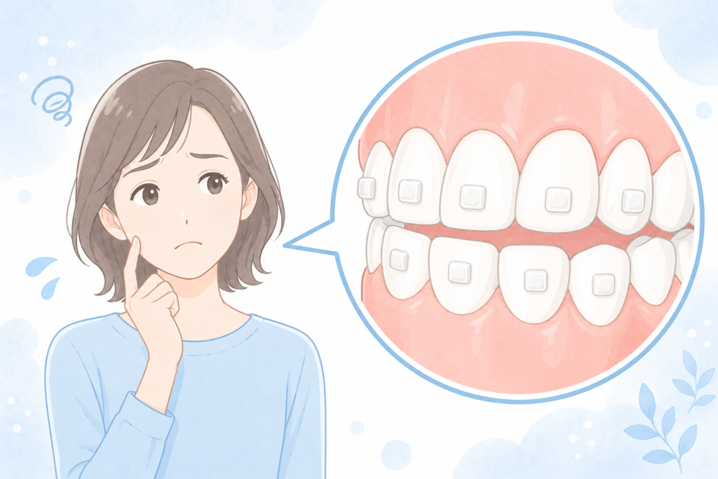 マウスピース矯正のアタッチメント（歯のポッチ）を心配そうに考える女性のイラスト