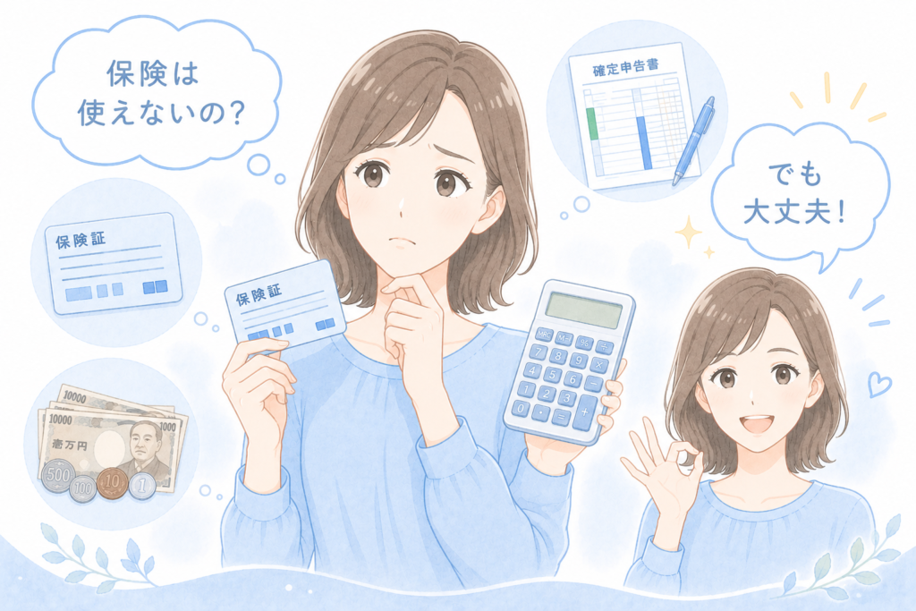 マウスピース矯正の保険適用について「保険は使えないの？」と悩む女性と「でも大丈夫！」と安心する女性のイラスト。保険証・電卓・確定申告書・お金のアイコンが周囲に描かれています。